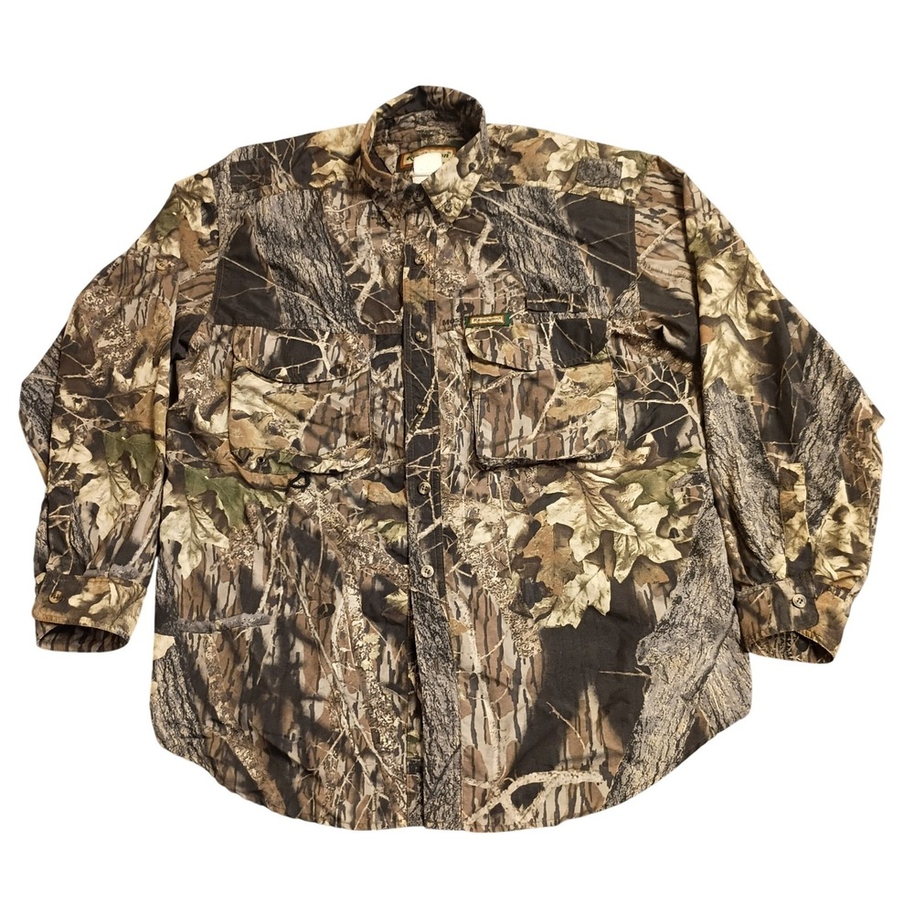 Remington Camo Button Down Shirt Mens L Brown Mossy Oak Break Up Hunting Utility